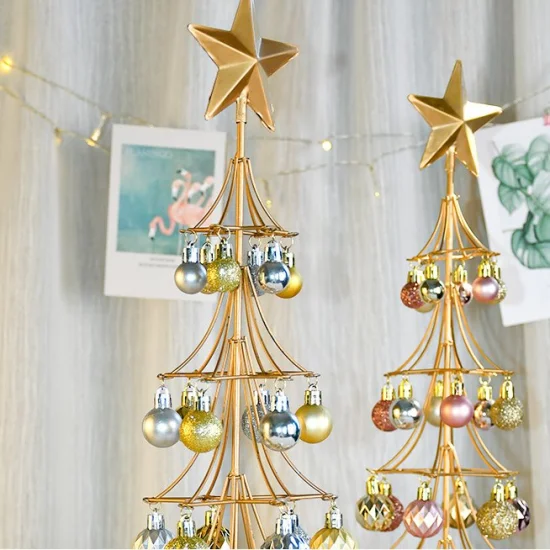 Top1 Decoración de escritorio navideña Árbol de Navidad de hierro dorado para decoración navideña